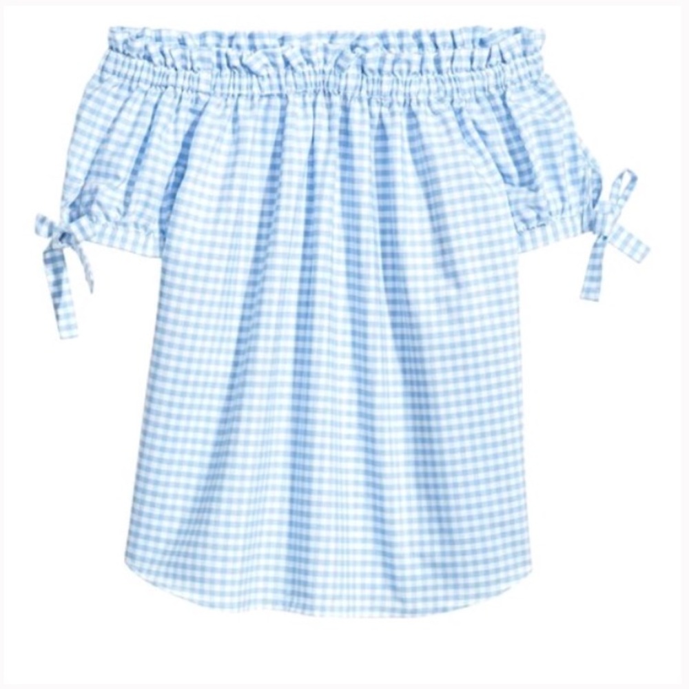 Off-the-shoulder light blue gingham top